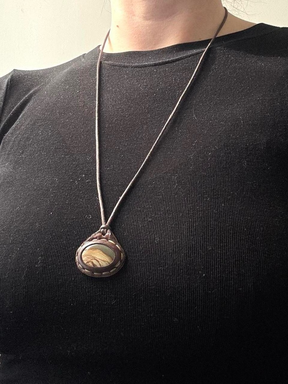 Brown leather and stone pendant necklace